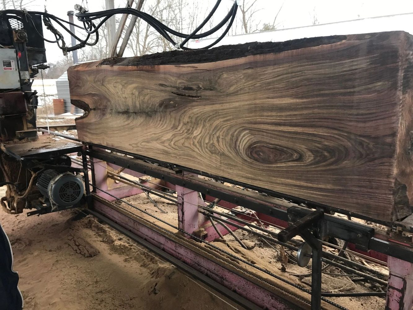 A large figured hardwood slab being cut at The Woodworks sawmill